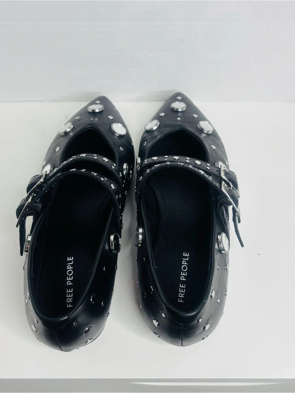 Free People Black Pointed Toe Double-Buckle Stud Flats